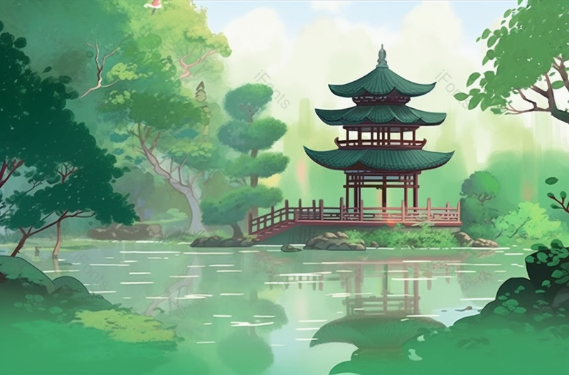 春天绿色中式庭院建筑插画,插画/手绘图,插画/手绘图库,插画/手绘图下载,插画/手绘